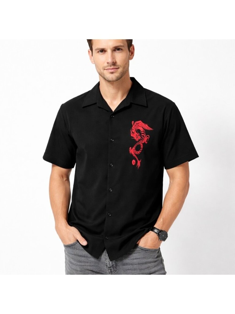 Vintage Black Shirt with Red Embroidered Dragon XL